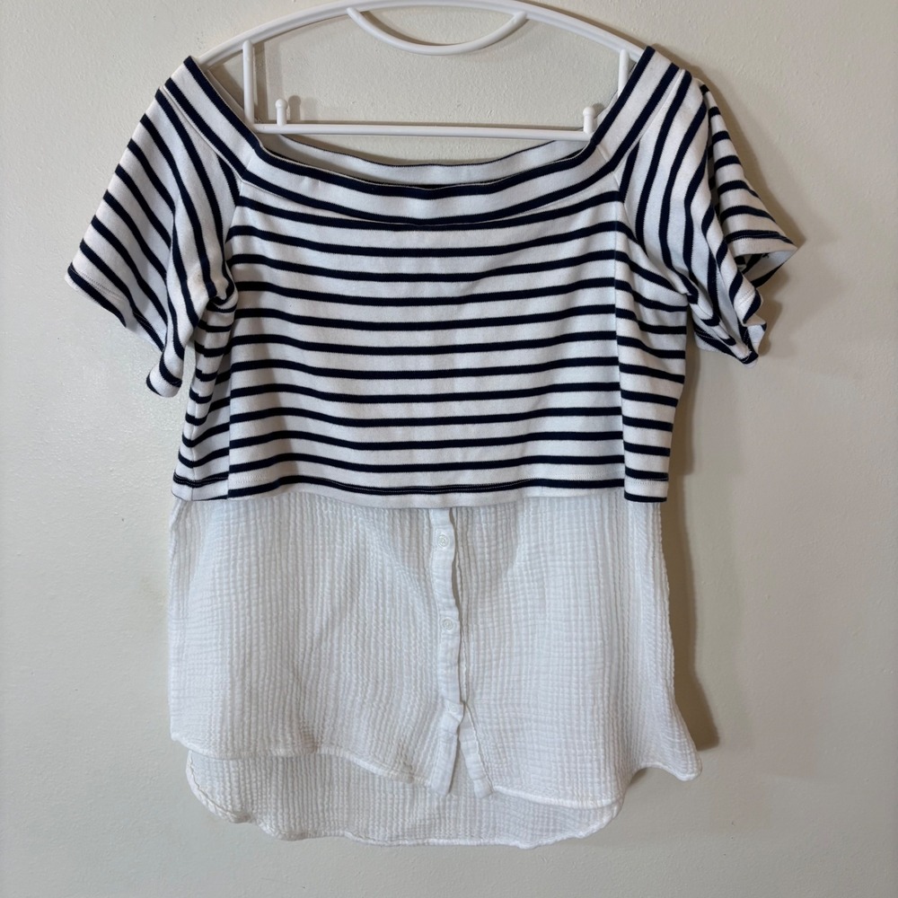 Anthropologie Postmark‎ Off Shoulder Striped Layered Top Small Navy White Cotton